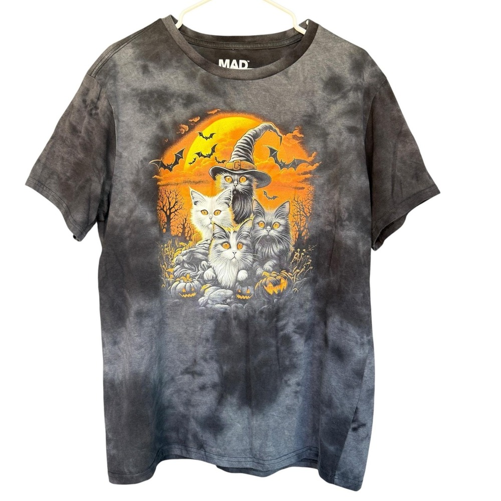Mad Engine Shirt Mens XL Gray Tie Dye Halloween Cats Witch Hat Bats Graphic Tee
